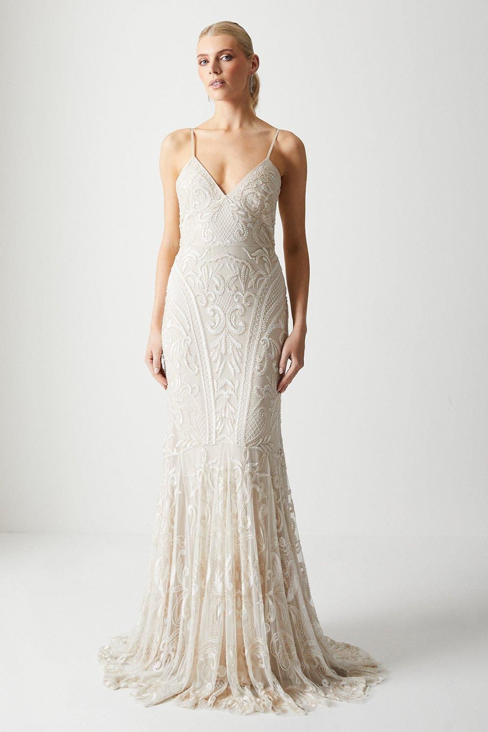 Coast Premium Placement Beadwork Strappy Fishtail Wedding Dress Nude image 1