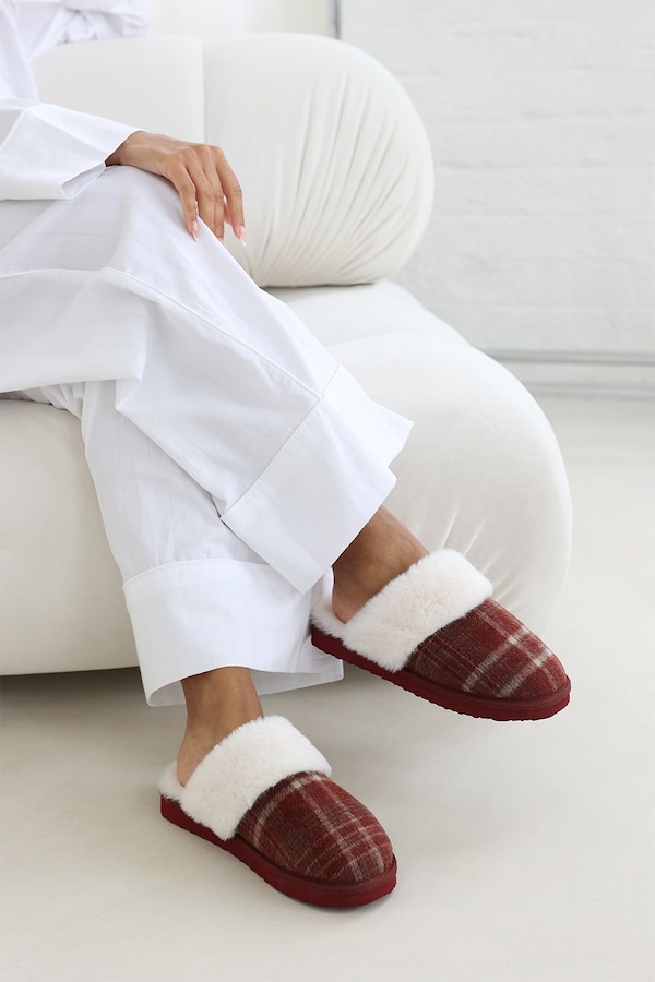 Where's That From 'Jemima' Tartan Mule Slippers with Faux Fur Trim