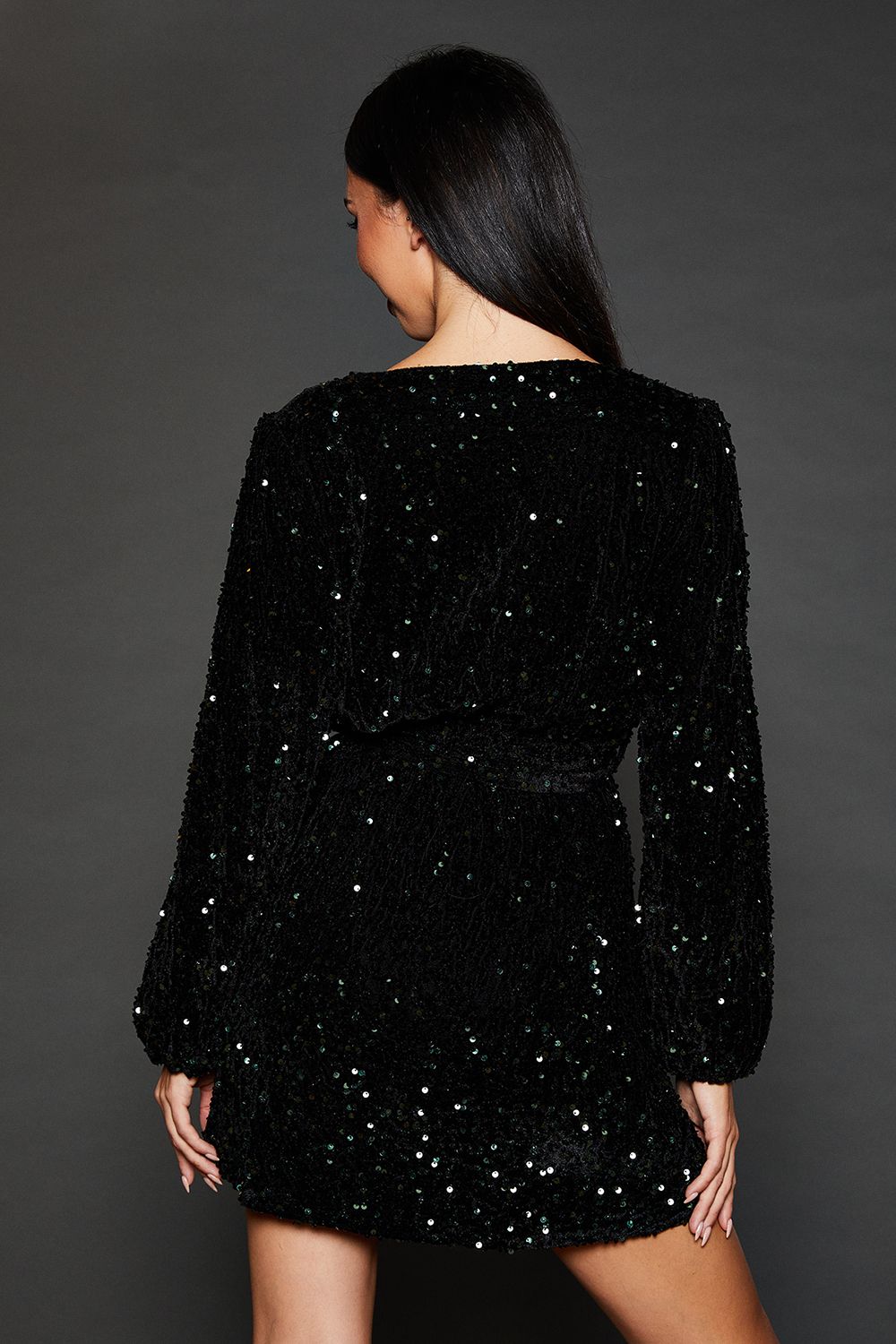 Dorothy Perkins Wrap Velvet Sequin Long Sleeve Mini Dress Green image 4