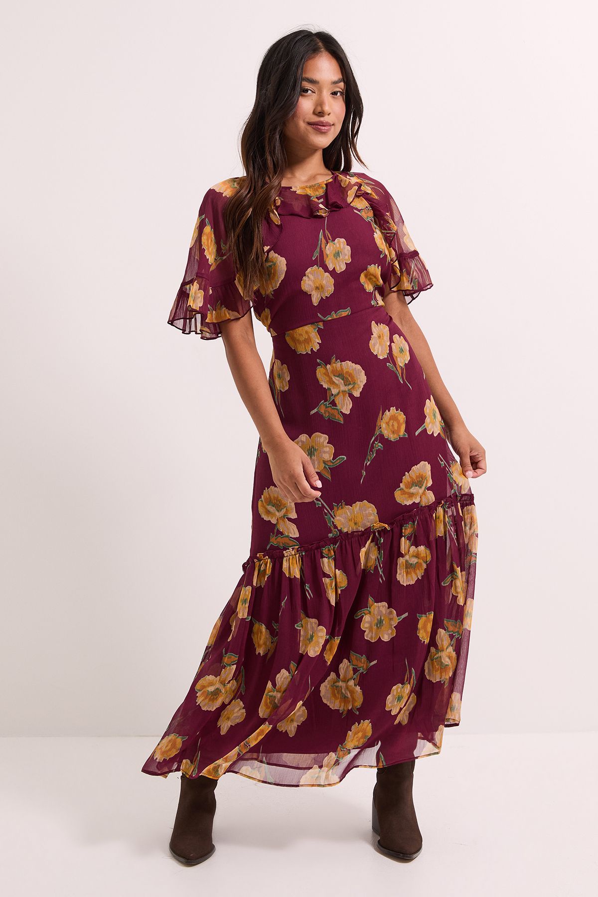 Dorothy Perkins Petite Brown Frill Cape Sleeve Tiered Printed Chiffon Midi Dress Brown image 1