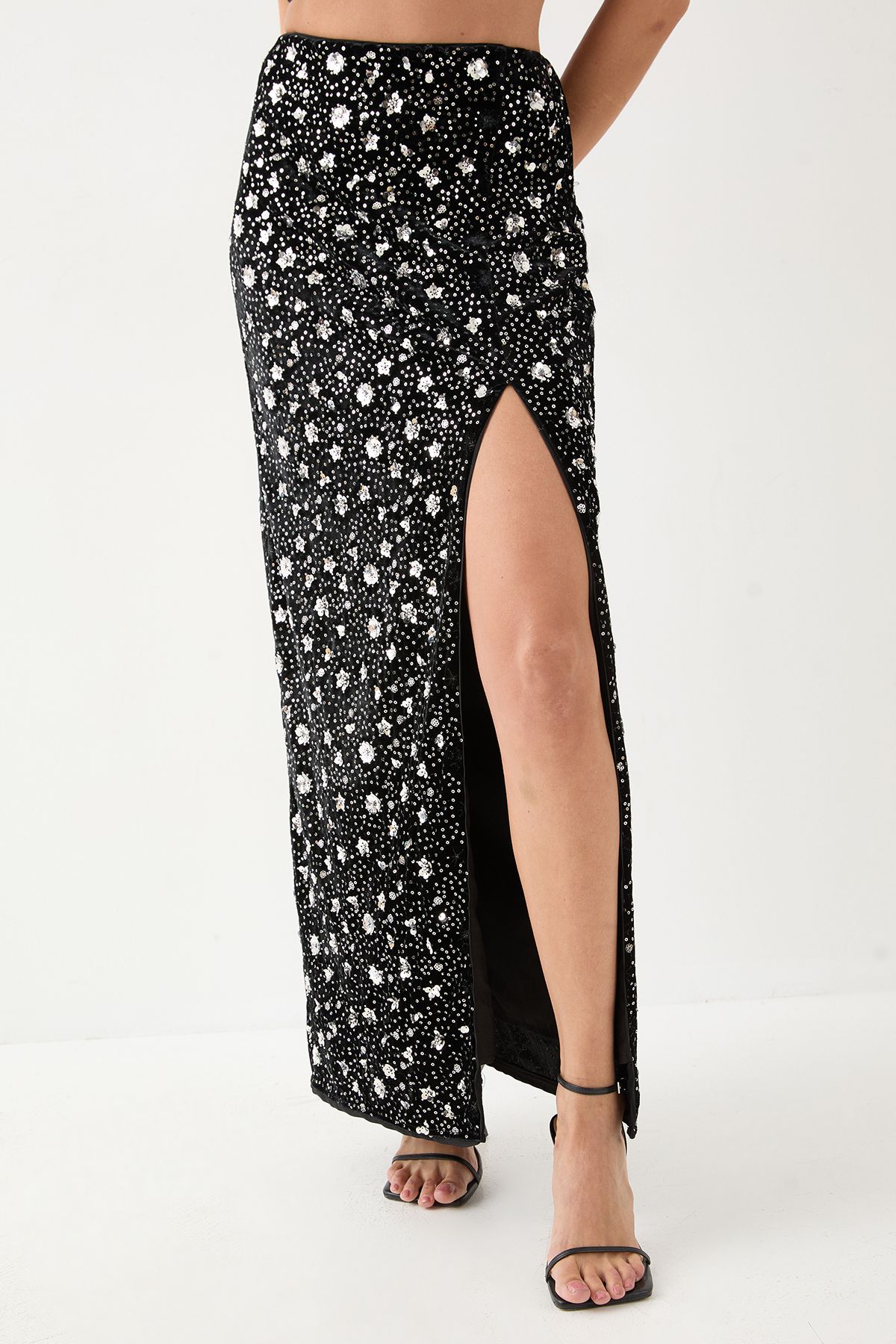 MissPap Premium Velvet Sequin Midaxi Skirt Black image 2