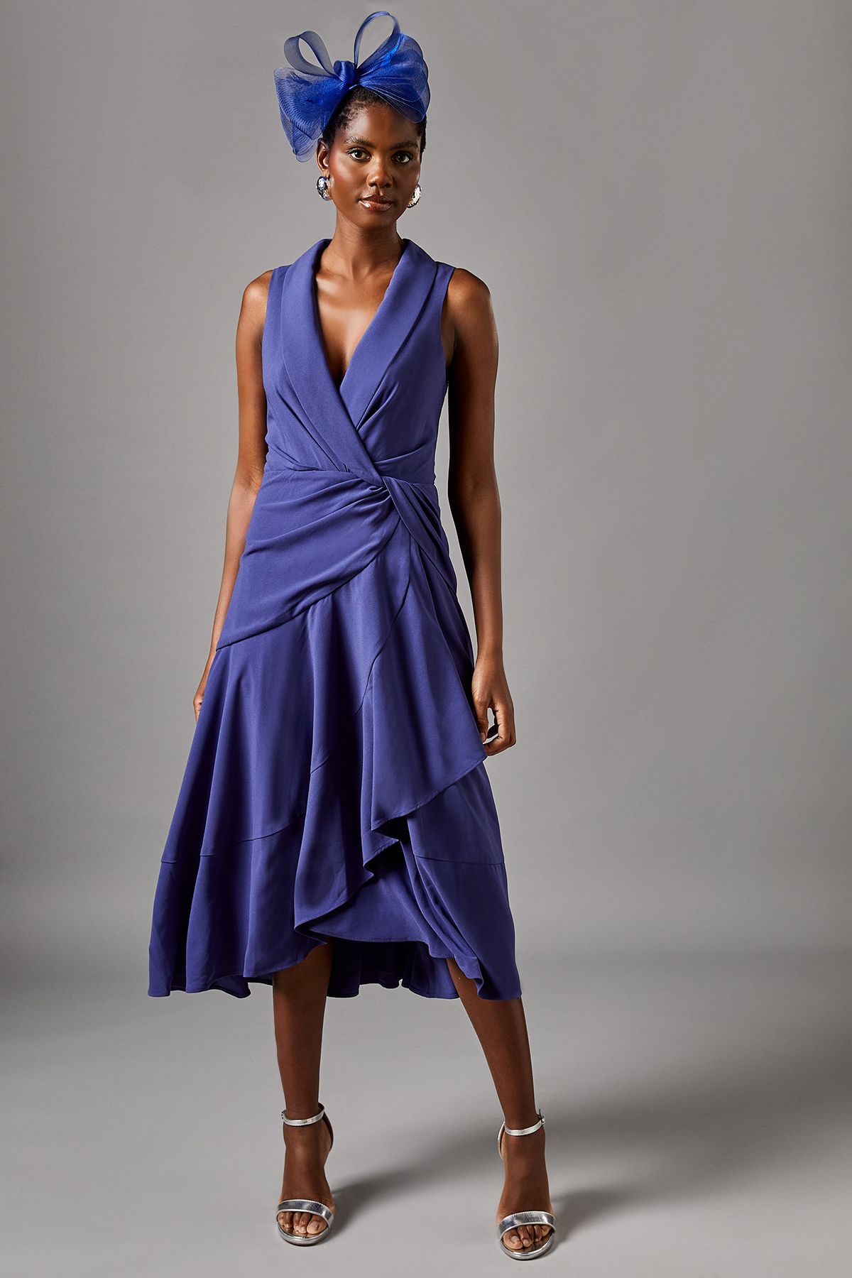 Coast Shawl Collar Ruffle Hem Midi Dress Blue image 1