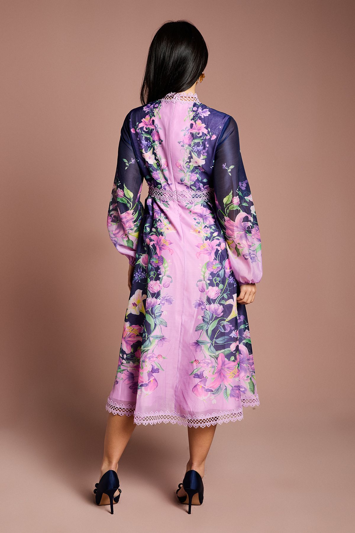 Coast Petite Place Print Organza Lace Trim Midi Dress Navy image 3