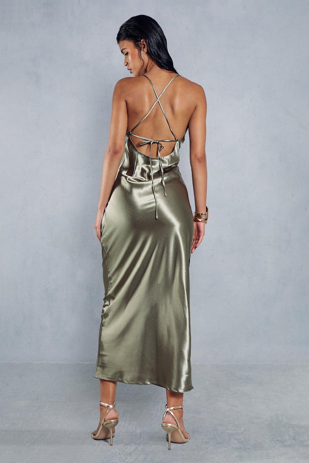 MissPap Metallic Satin Cowl Neck Neck Split Leg Maxi Dress Green image 3