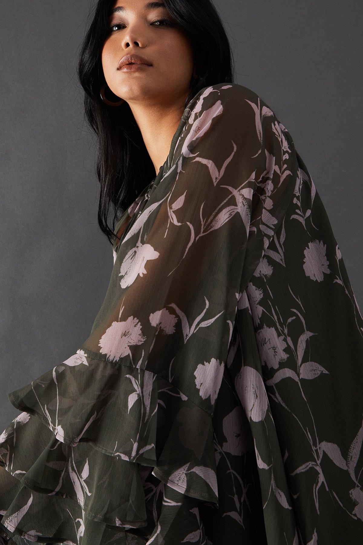 Warehouse Floral Floral Chiffon Ruffle Volume Sleeve Mini Smock Dress | PLT