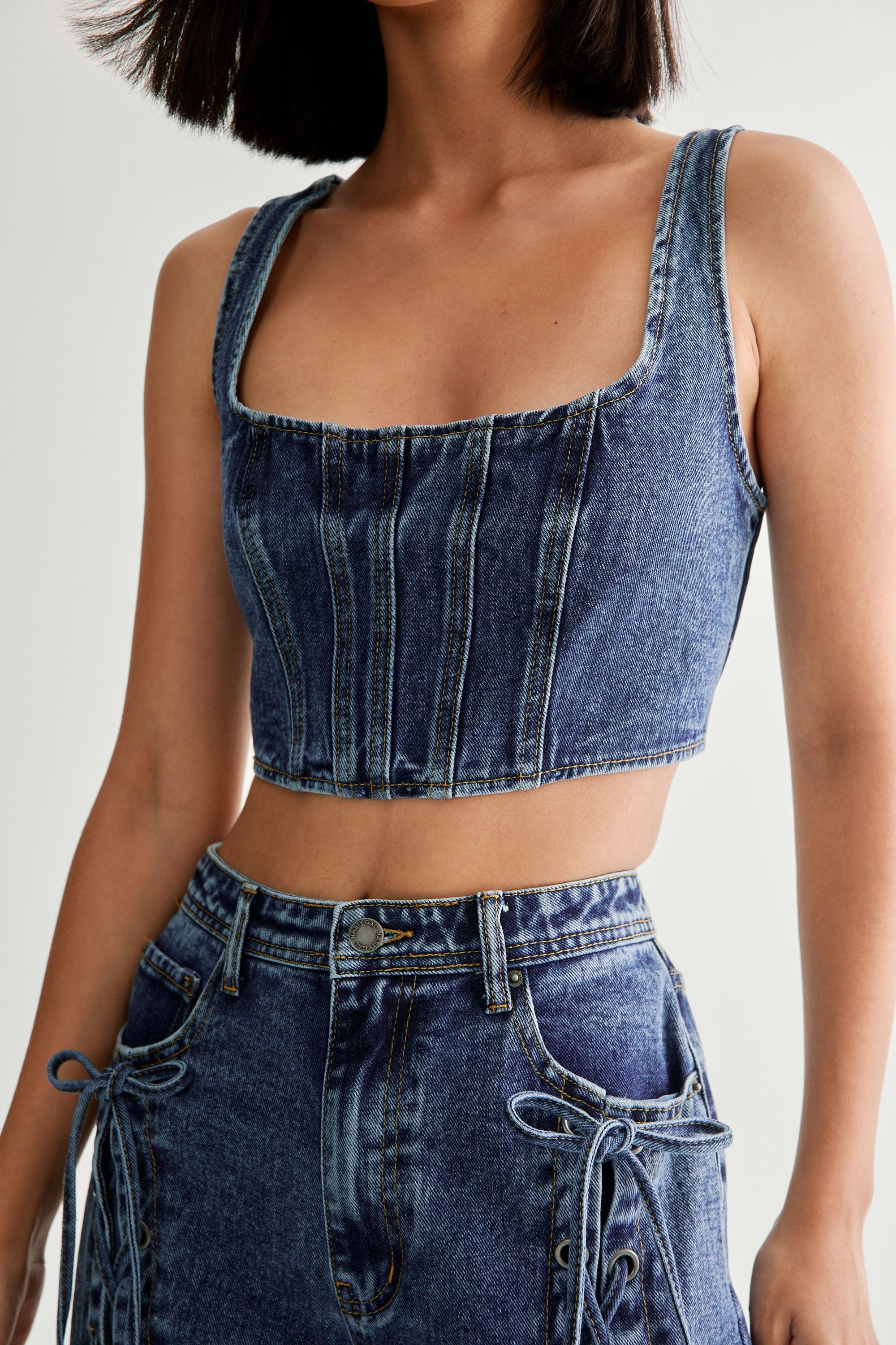 NastyGal DENIM LACE BACK CORSET BRALET Authentic Midwash image 2