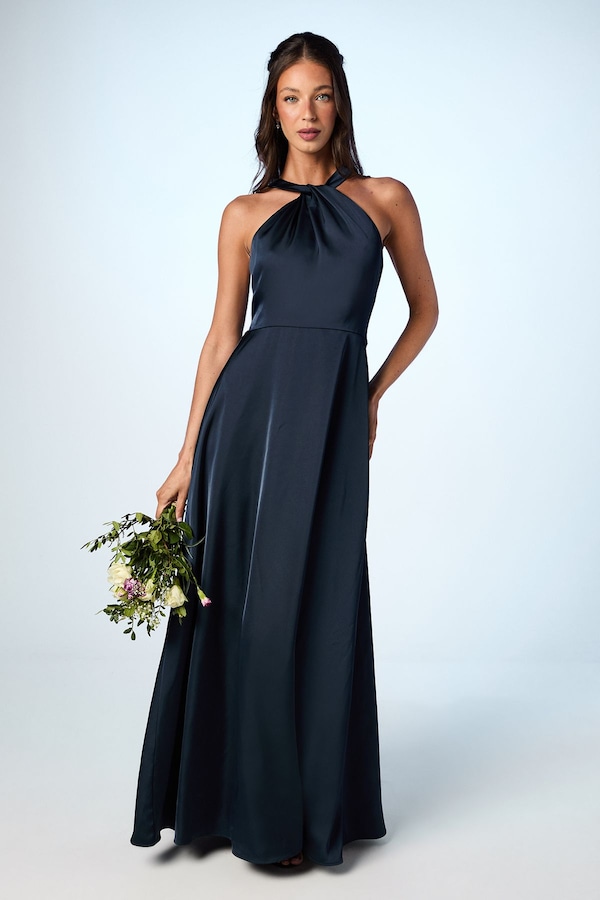 Coast Coast Honoured Twist Halterneck Satin Maxi Bridesmaid Dress Navy