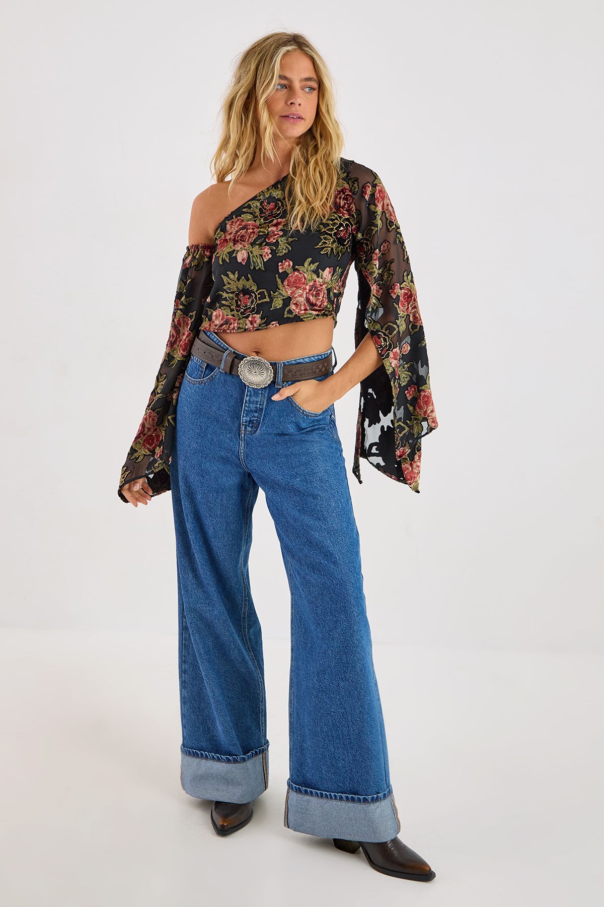 NastyGal Floral Devore Off The Shoulder Fluted Sleeve Top Black image 2