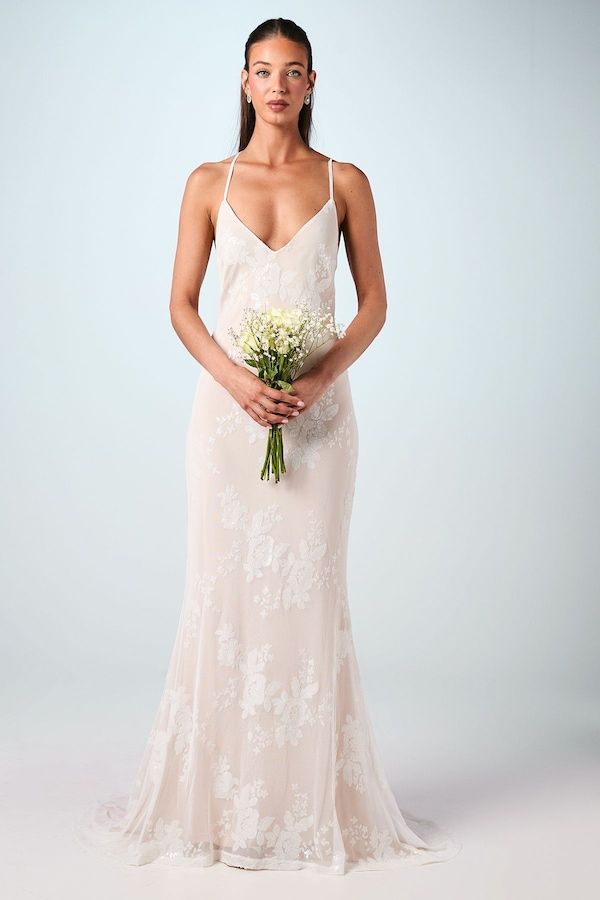 Coast V Neck Embellished Mesh Cami Maxi Wedding Dress Ivory