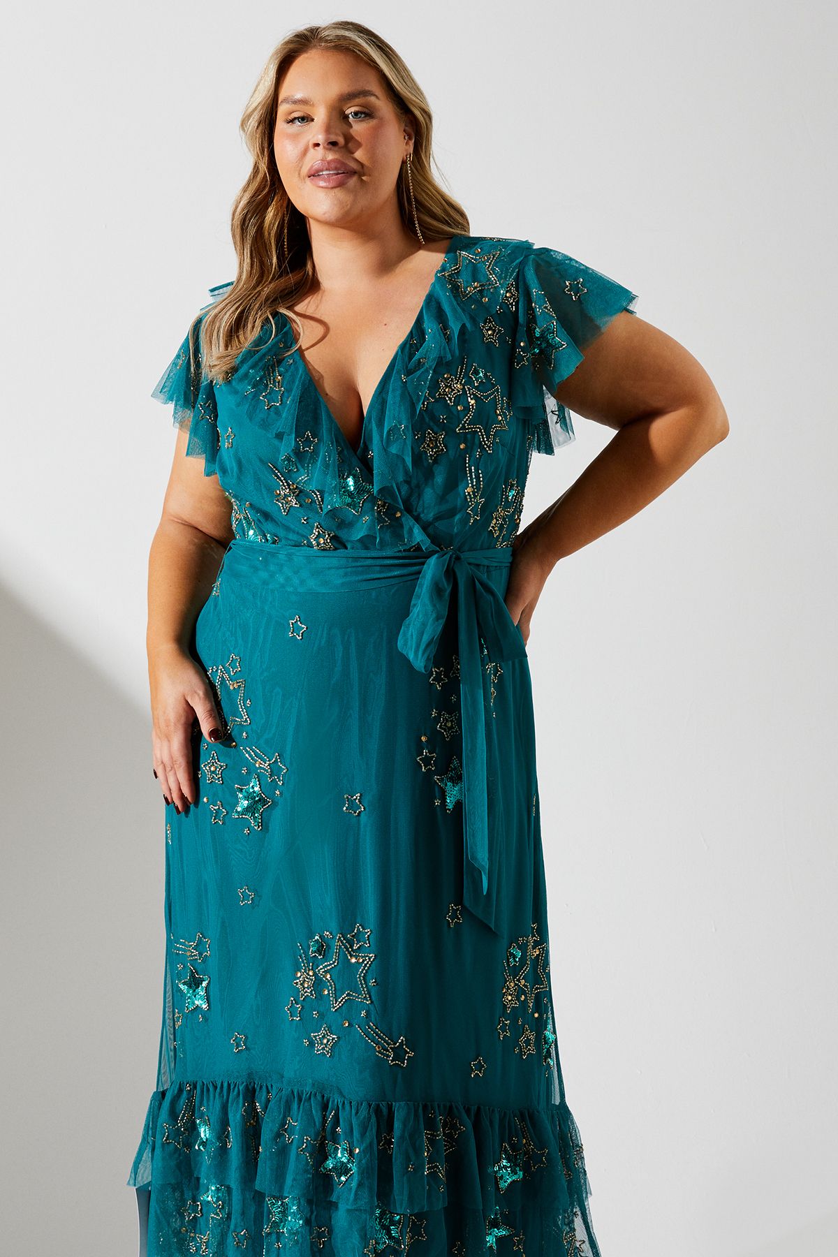 Coast Plus Frill Wrap Front Embellished Midi Dress Teal image 2