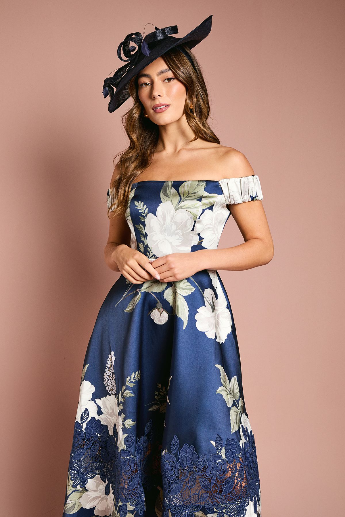 Coast Printed Bardot Twill Midi Dress With Lace Insert Navy image 2