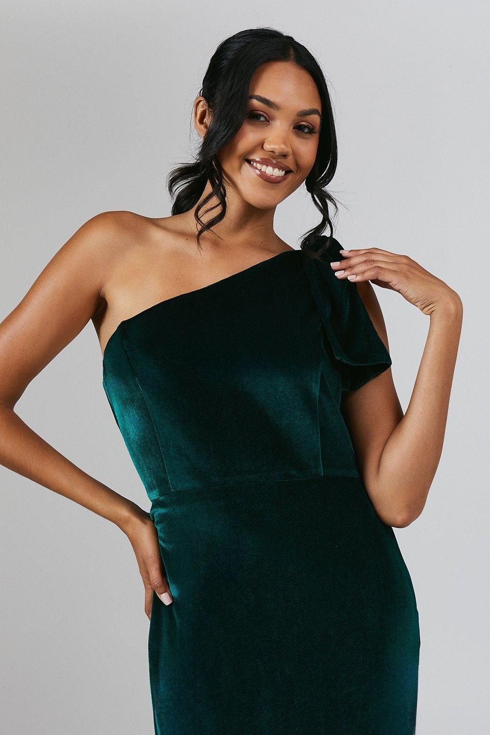 Coast Bow One Shoulder Velvet Bridesmaid Maxi Dress Emerald image 2