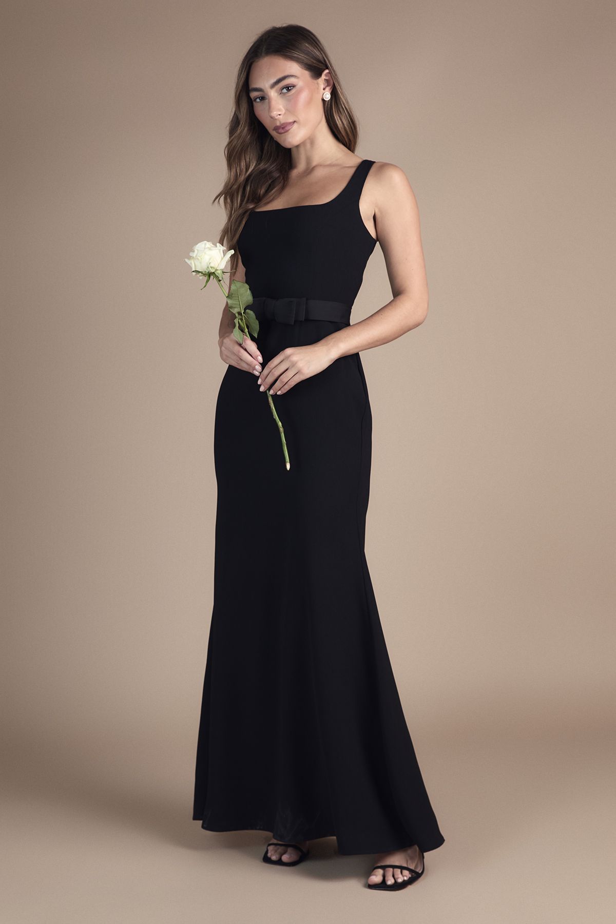Coast Square Neck Bow Detail Crepe Maxi Bridesmaid Dress Black image 1