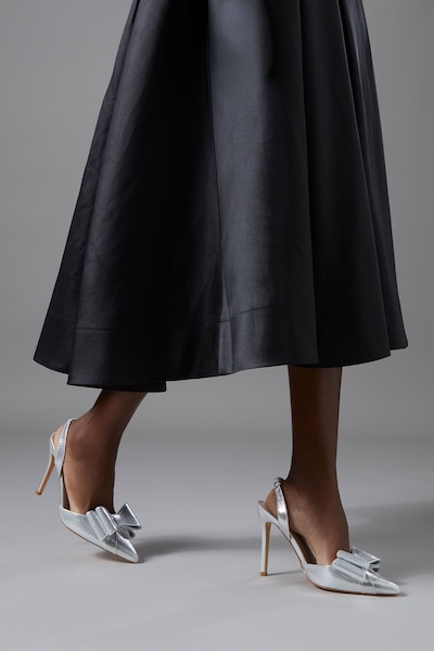 Coast Tamara Metallic Textile Satin Bow Slingback High Stiletto Heel Court Shoes Silver