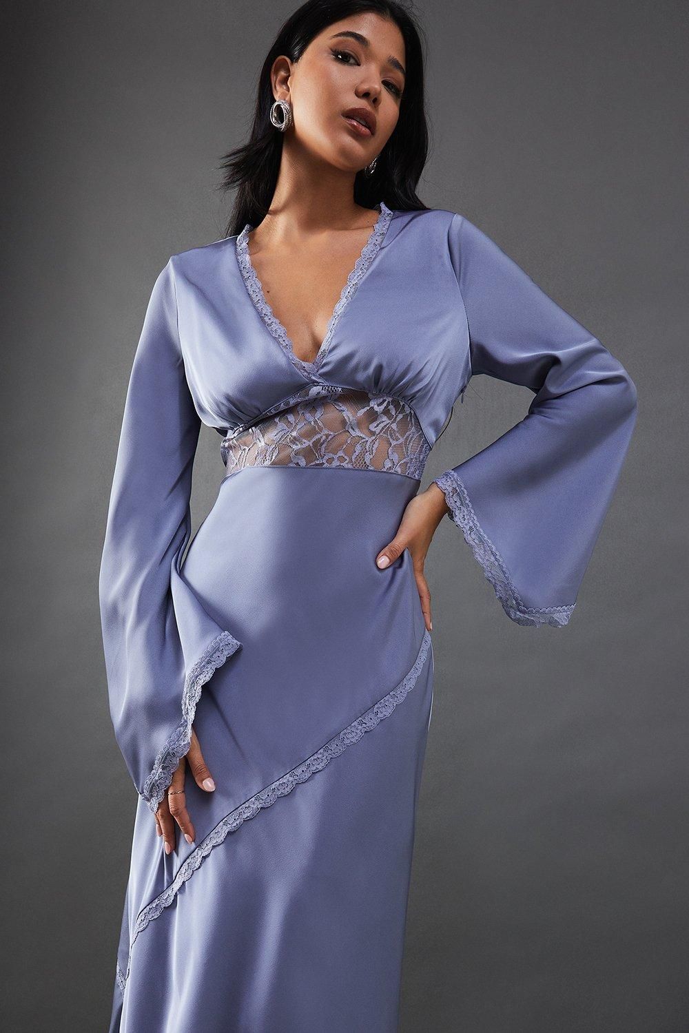 Warehouse Satin Lace Insert Flute Sleeve Midi Dress Denim-blue image 4