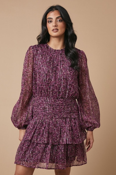 Oasis Ditsy Metallic Chiffon Tiered Mini Dress Floral