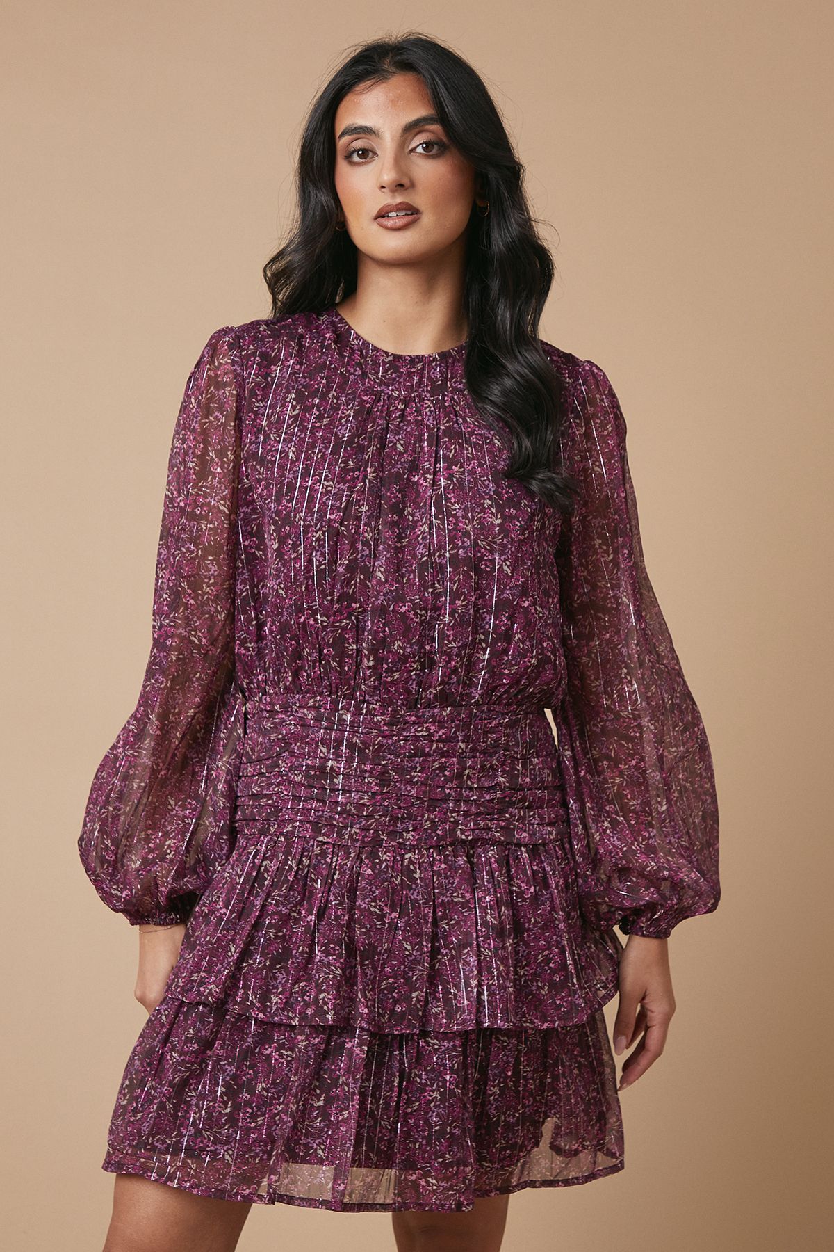 Oasis Ditsy Metallic Chiffon Tiered Mini Dress Floral image 1