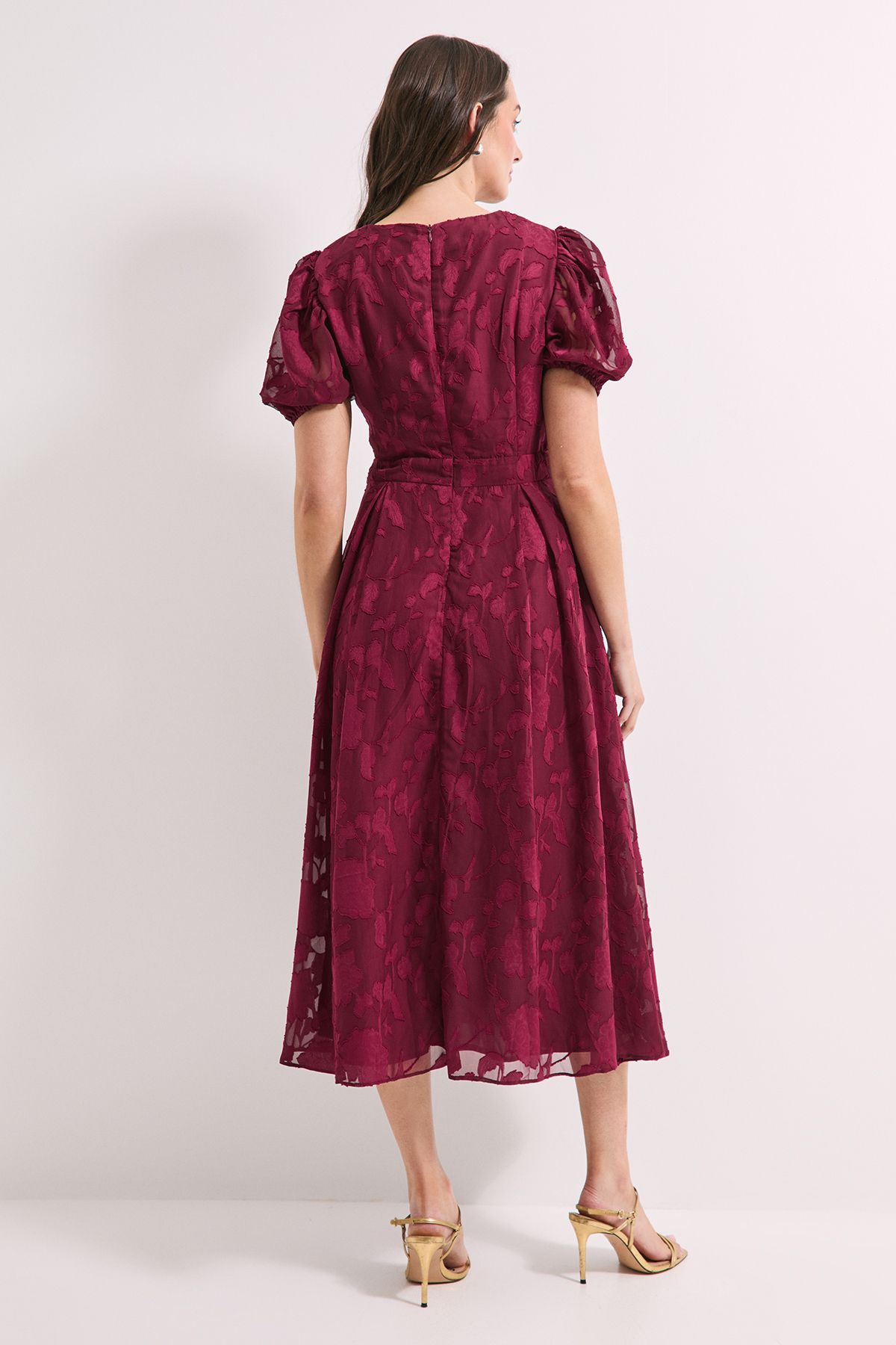 Principles Floral Jacquard Puff Sleeve Midi Dress Wine image 3