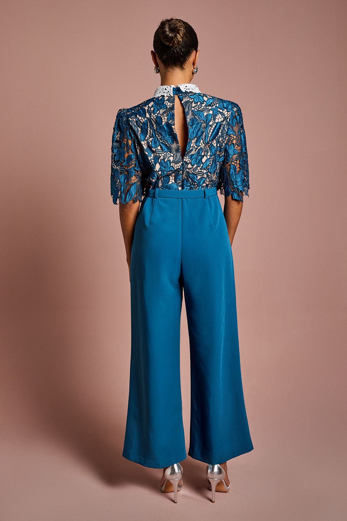 Coast Petite Lace Shirt Short Sleeve Jumpsuit Slate Blue image 3