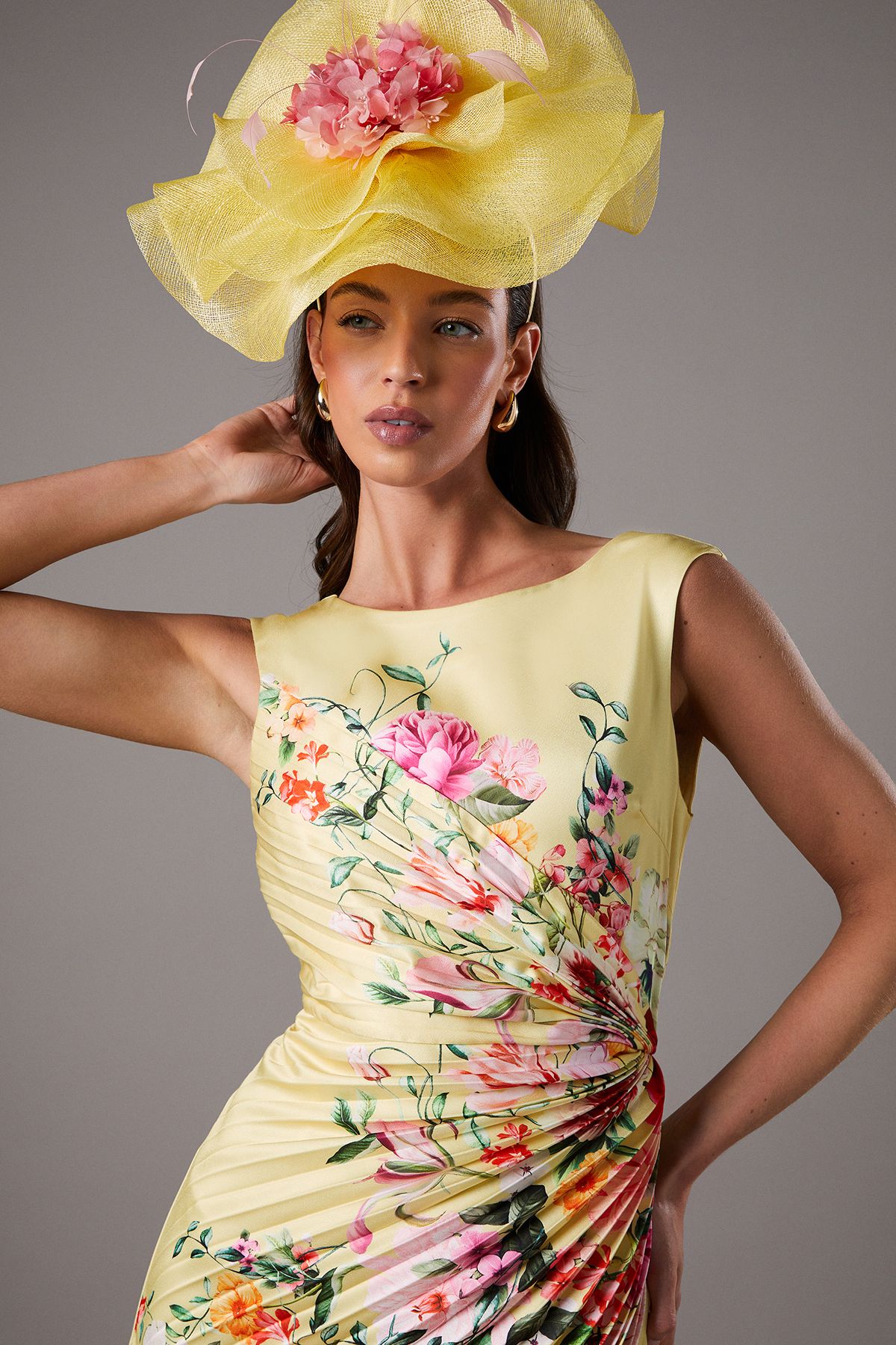 Coast Lisa Tan Pleated Floral Midi Dress With Pleat Detail Yellow image 4