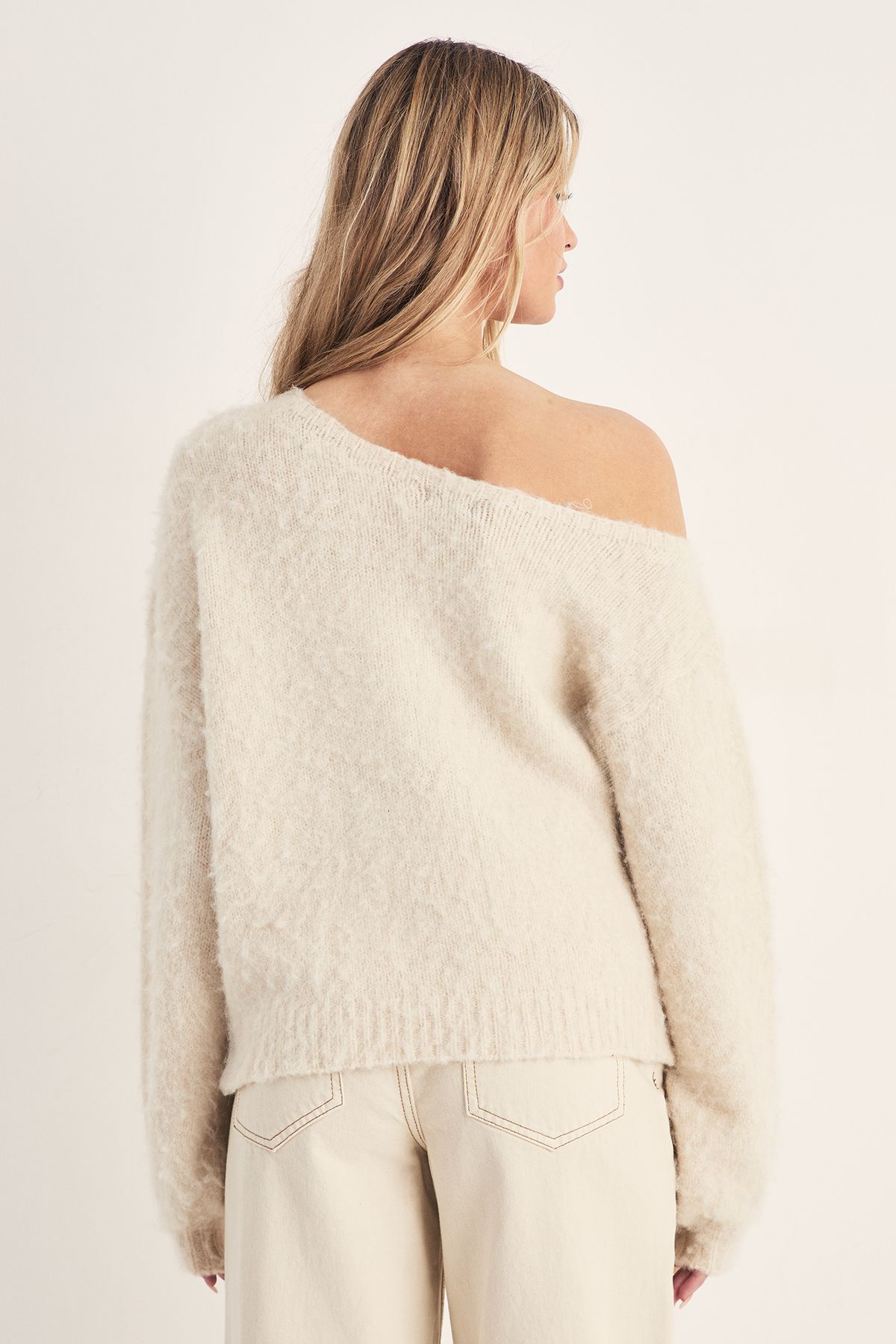 NastyGal Wool Blend Asymmetric Off The Shoulder Knitted Jumper Ecru image 3