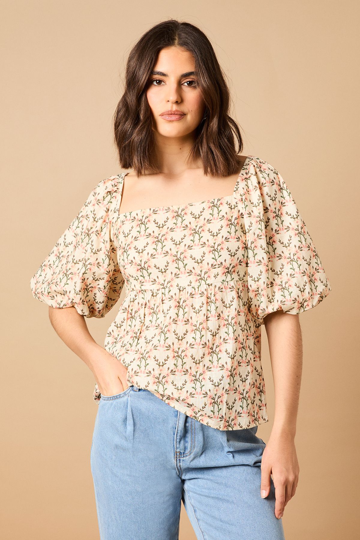 Oasis Printed Puff Sleeve Square Neck Cotton Top Multi image 2