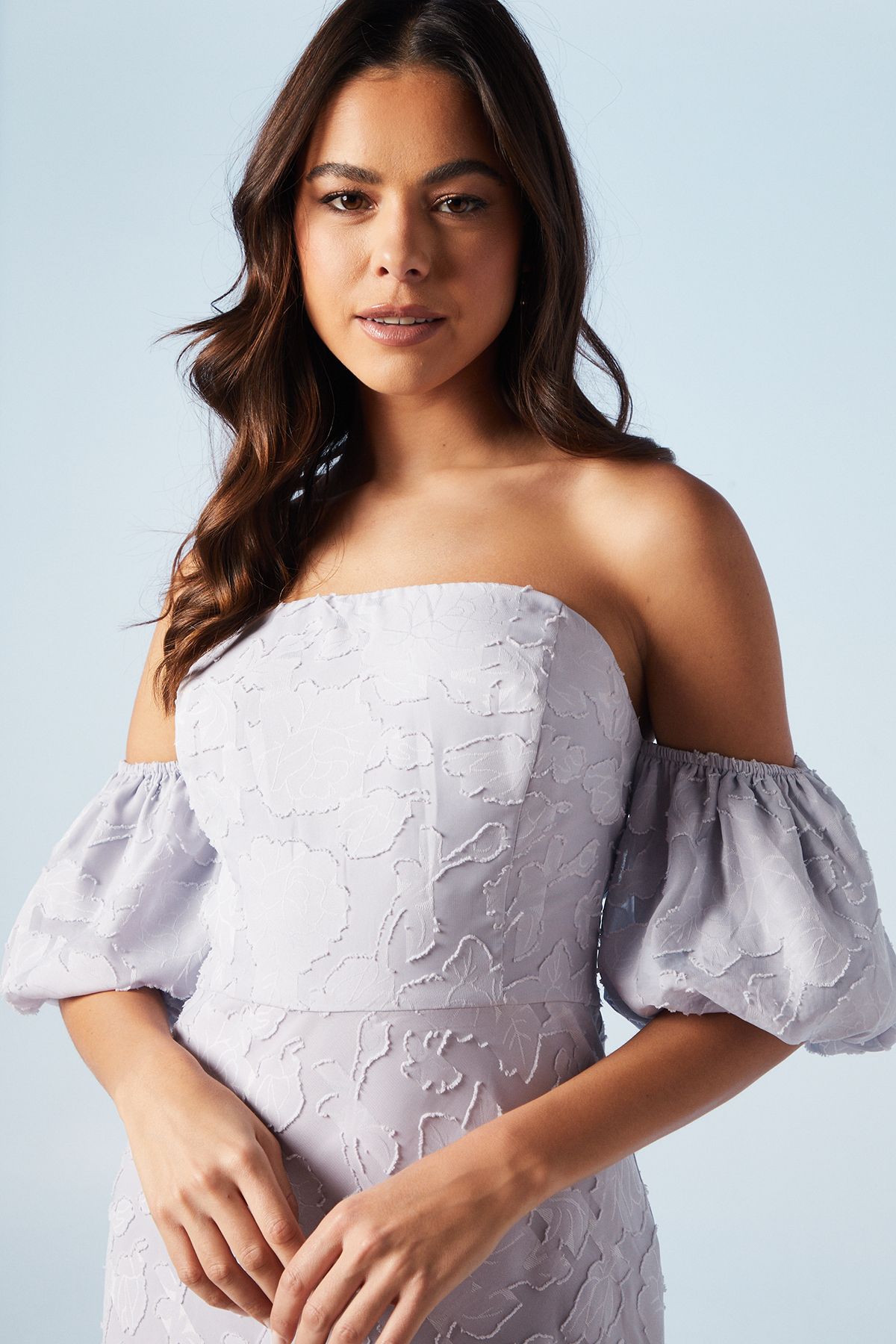 Oasis Rose Jacquard Puff Sleeve Asym Detail Bridesmaid Midi Dress Lilac image 4