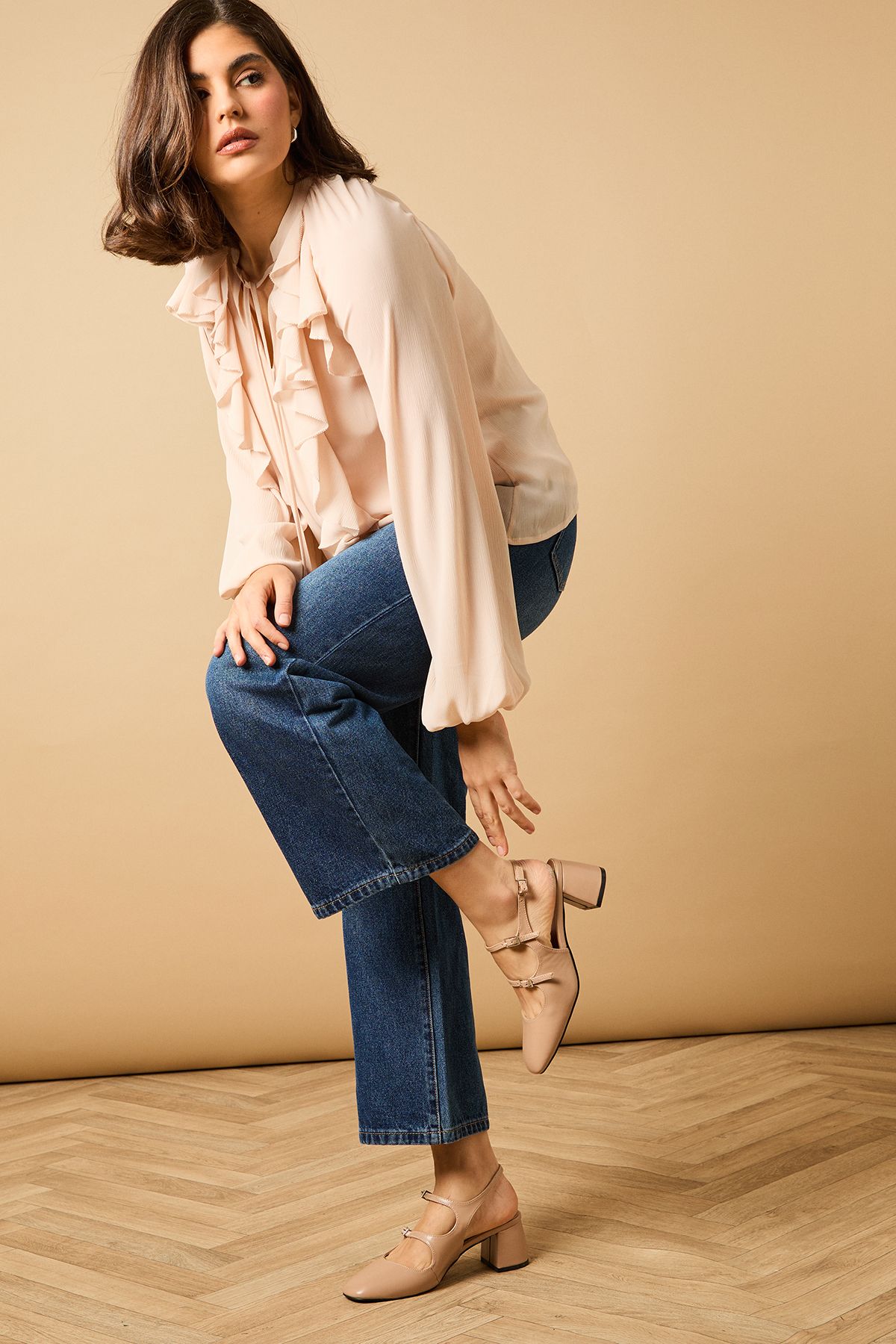 Oasis Imorina Faux Leather Double Mary Jane Slingback Medium Block Heeled Shoes Beige image 2