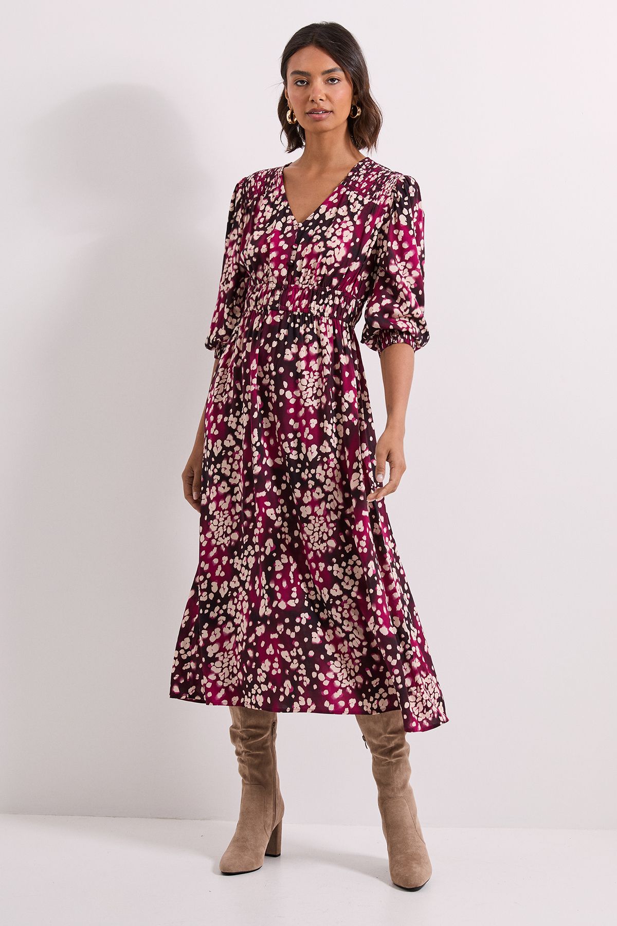 Dorothy Perkins Burgundy Animal Shirred Detail Blouson Sleeve Midi Dress Burgundy image 1