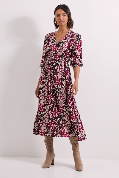 Dorothy Perkins Burgundy Animal Shirred Detail Blouson Sleeve Midi Dress Burgundy