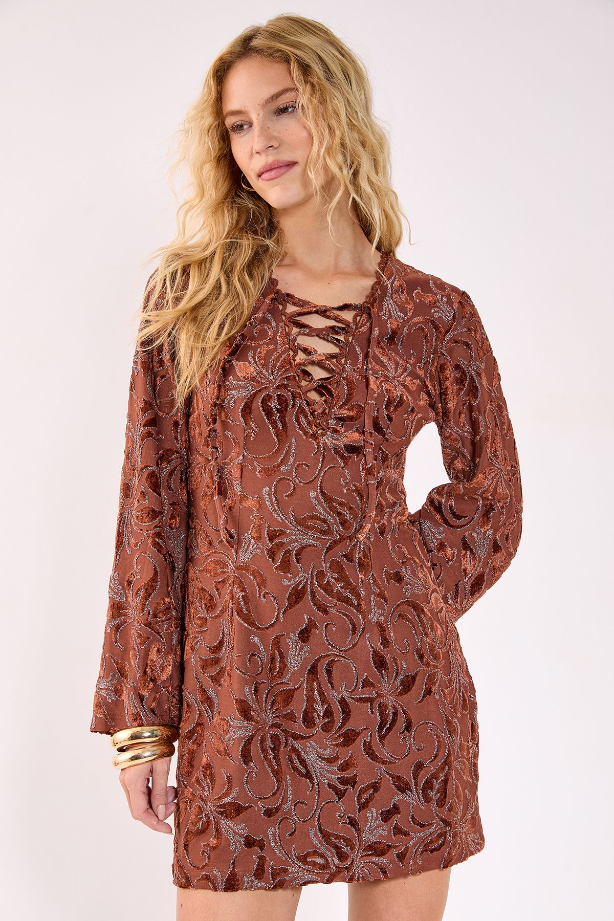 NastyGal Devore Lace Up Fluted Sleeve Mini Dress Brown image 3