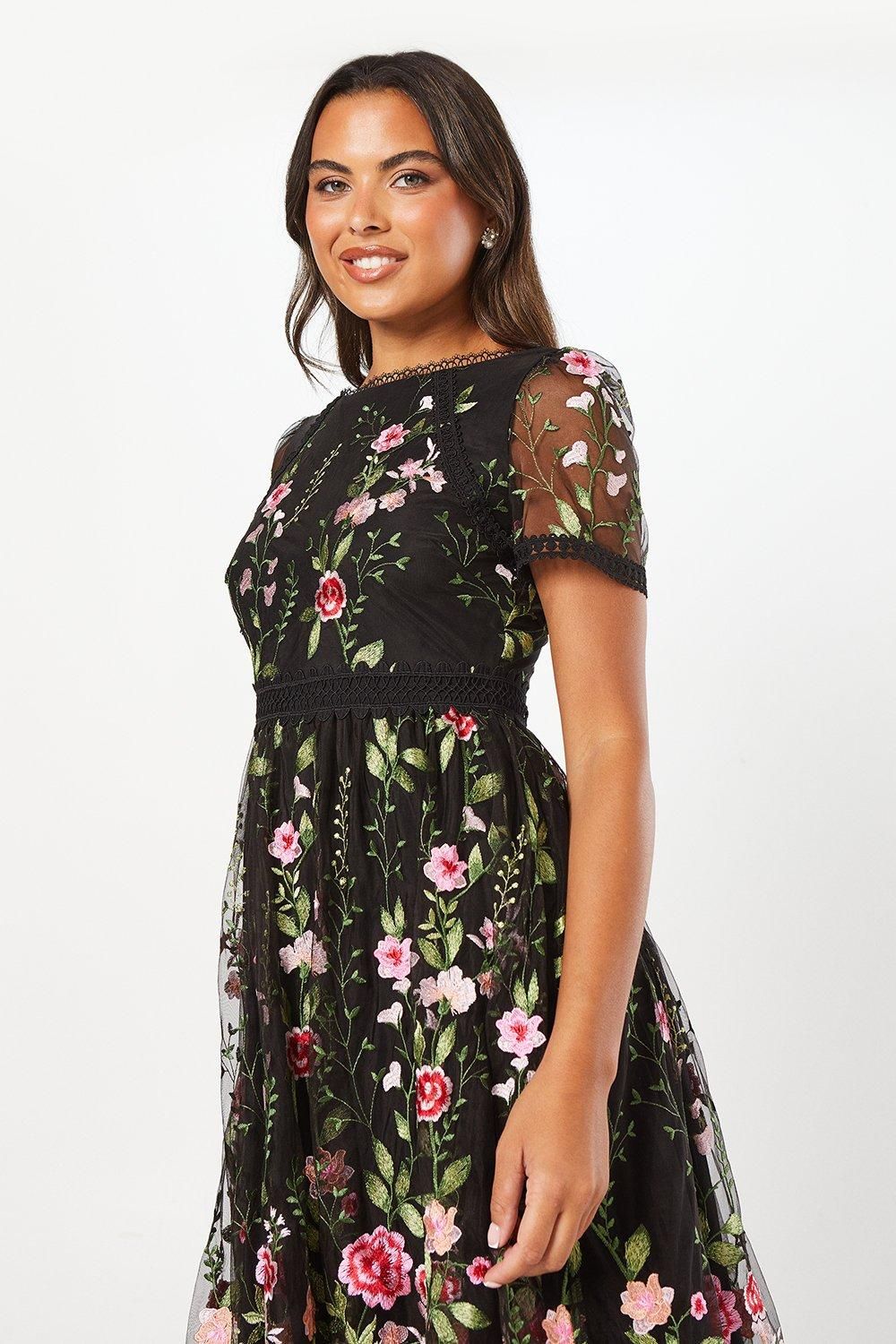 Coast Lace Trim Detail Embroidered Mesh Midi Dress Black image 4