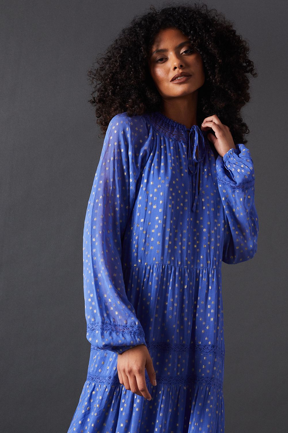 Warehouse Metallic Jacquard Dobby Lace Insert Midi Smock Dress Blue image 4