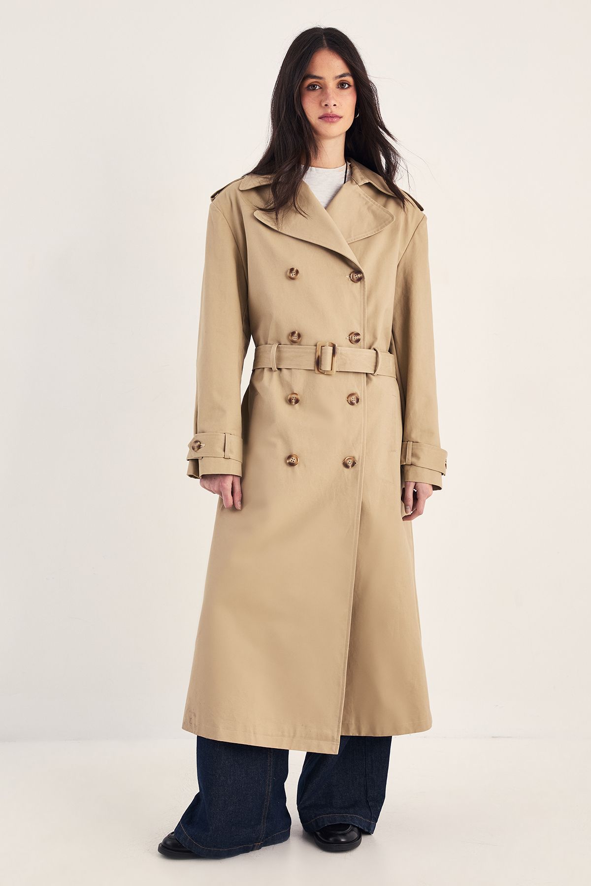NastyGal Premium Structured Shoulder Longline Trench Coat Stone image 1