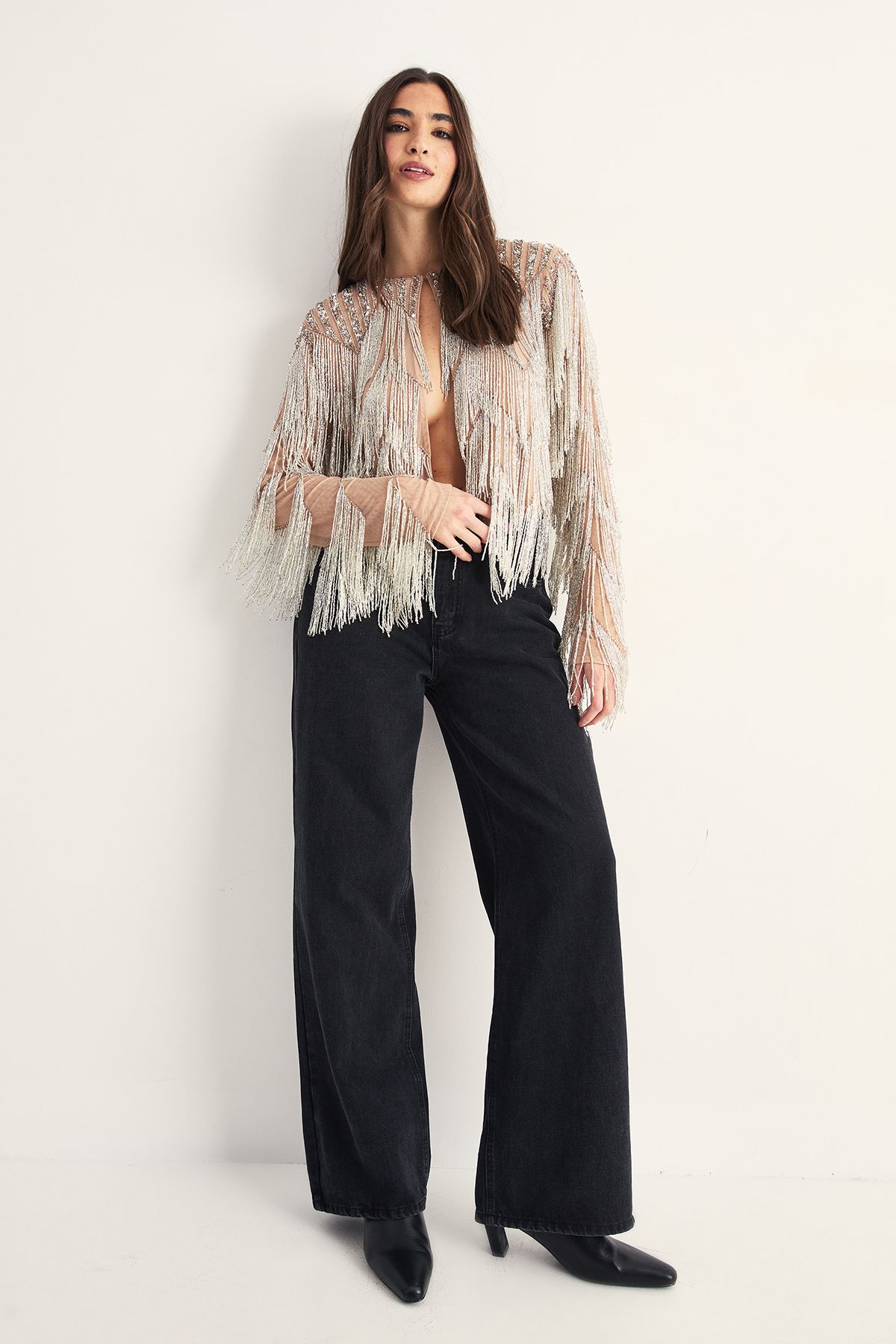 NastyGal Hand Embellished Tassel Zig Zag Jacket Silver image 2