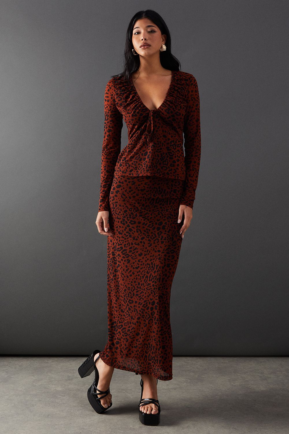 Warehouse Mesh Gathered Drawstring Fitted Top Animal image 4