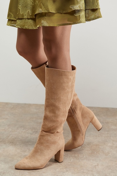 Oasis Kora Faux Suede High Block Heel Pointed Knee Boots Beige