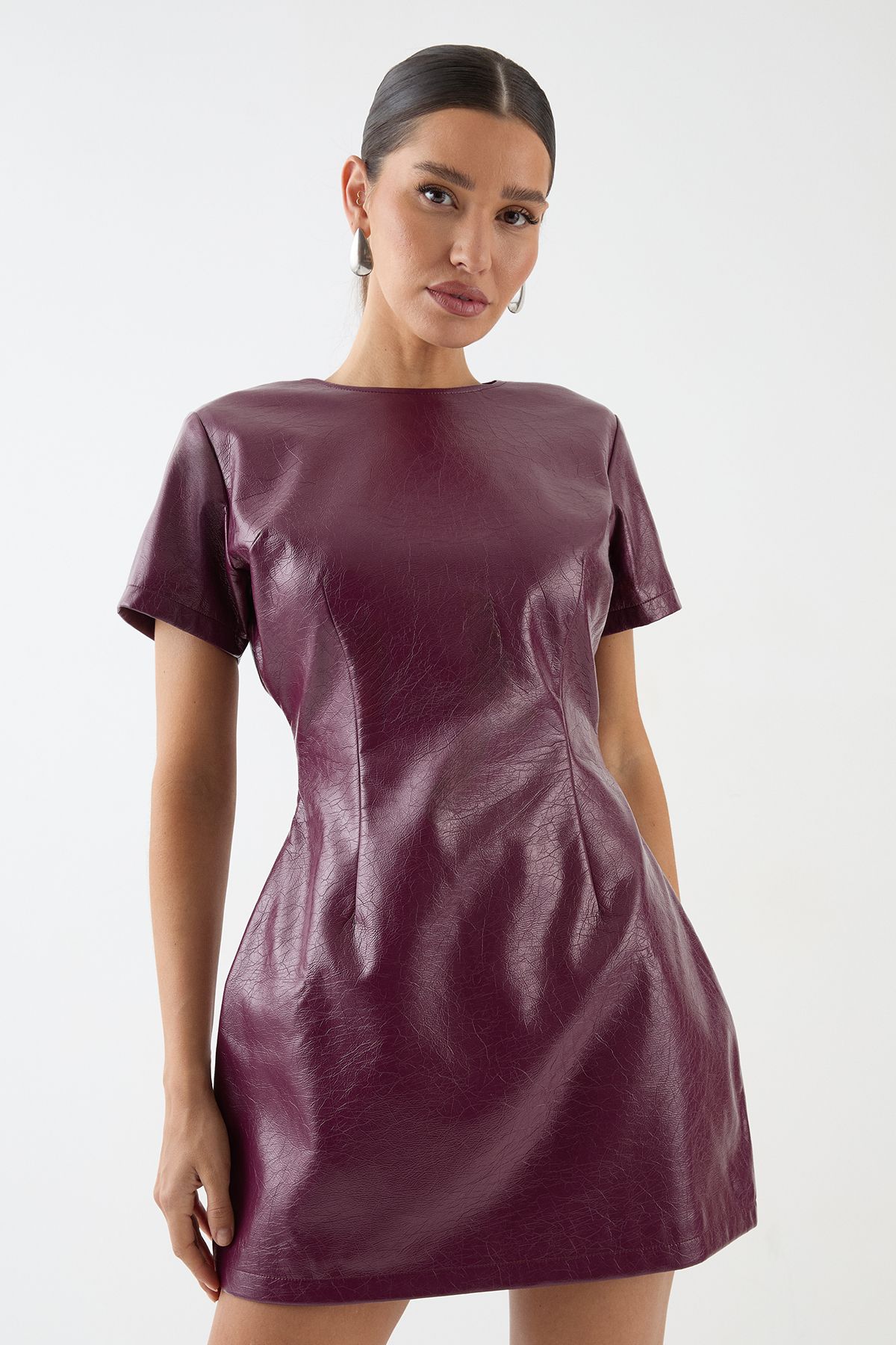 MissPap Faux Leather Cut Out Detail Mini Dress Berry image 2