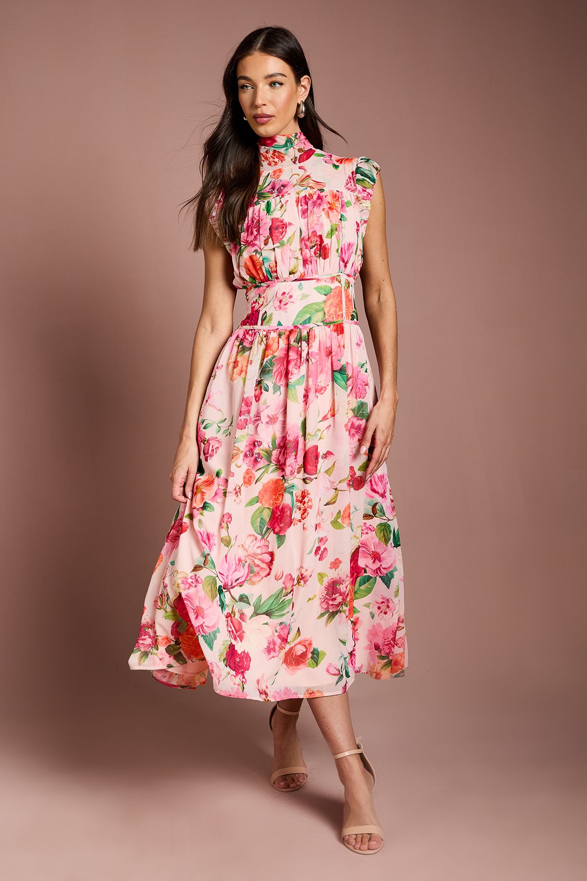 Coast Ruched Detail Printed Georgette Midi Dress Pink image 1