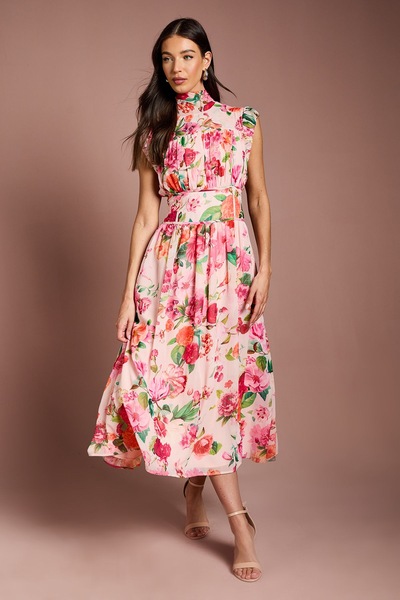 Coast Ruched Detail Printed Georgette Midi Dress Pink