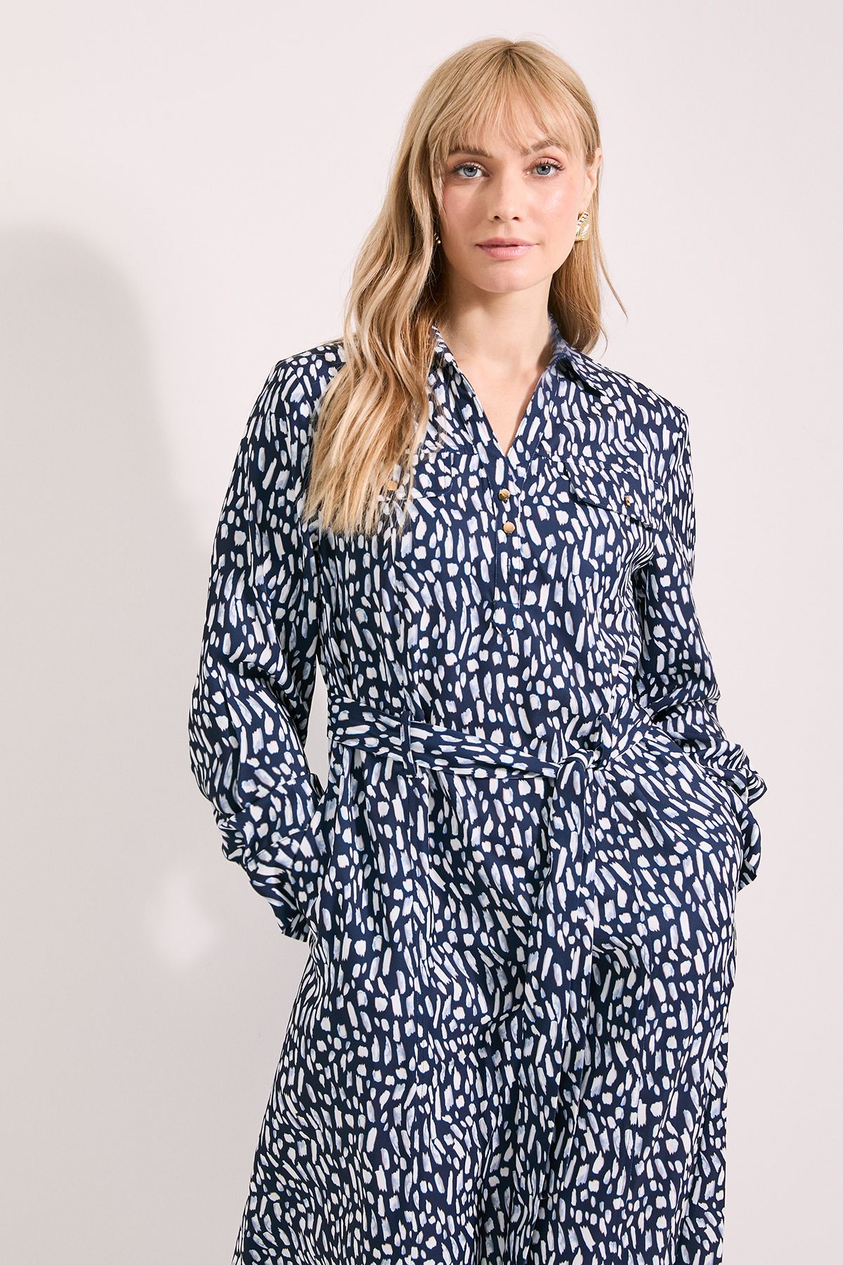 Principles Printed Tie Waist Crepe Shirt Dress Navy image 2