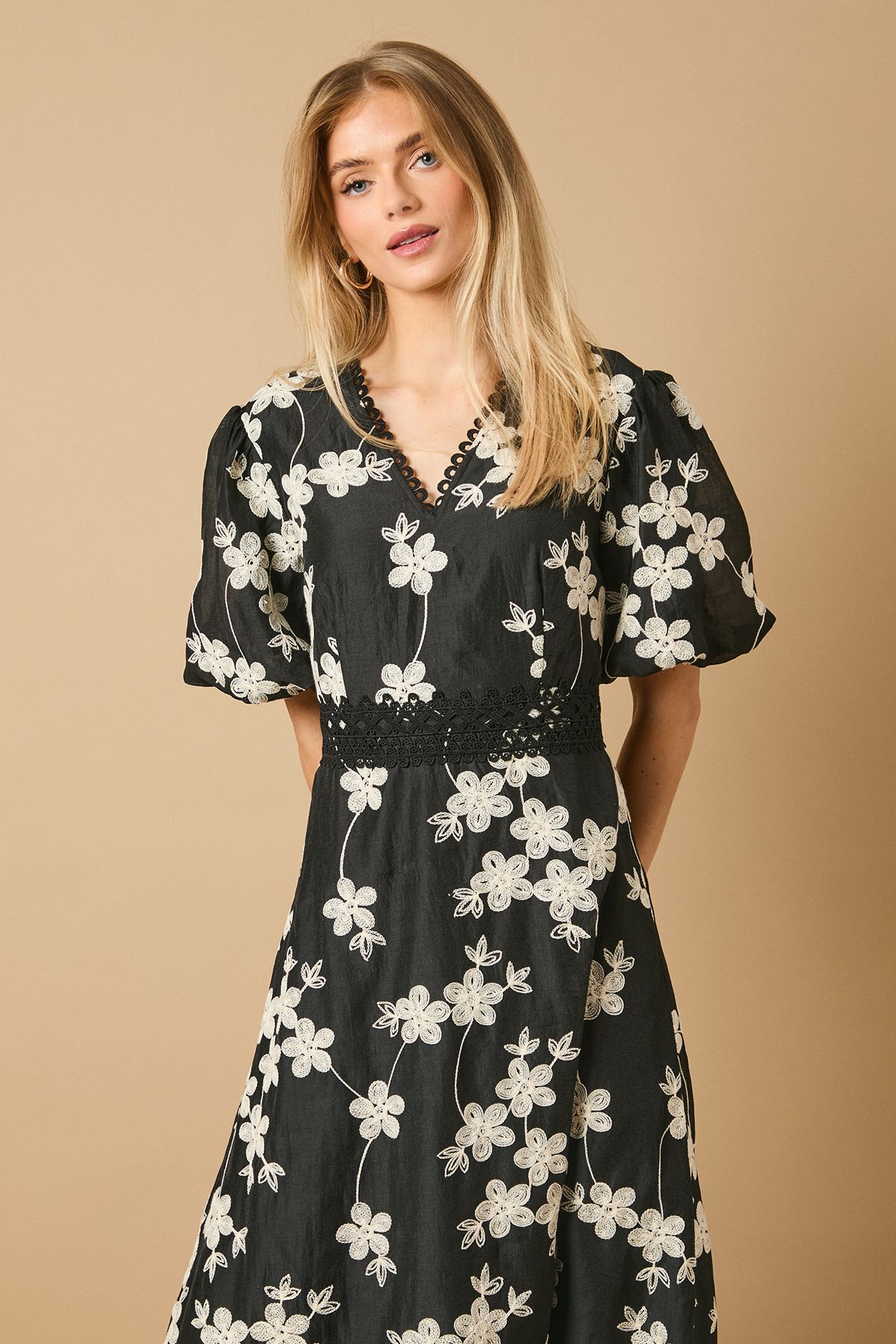 Oasis Lace Trim V Neck Puff Sleeve Midi Dress Black image 2