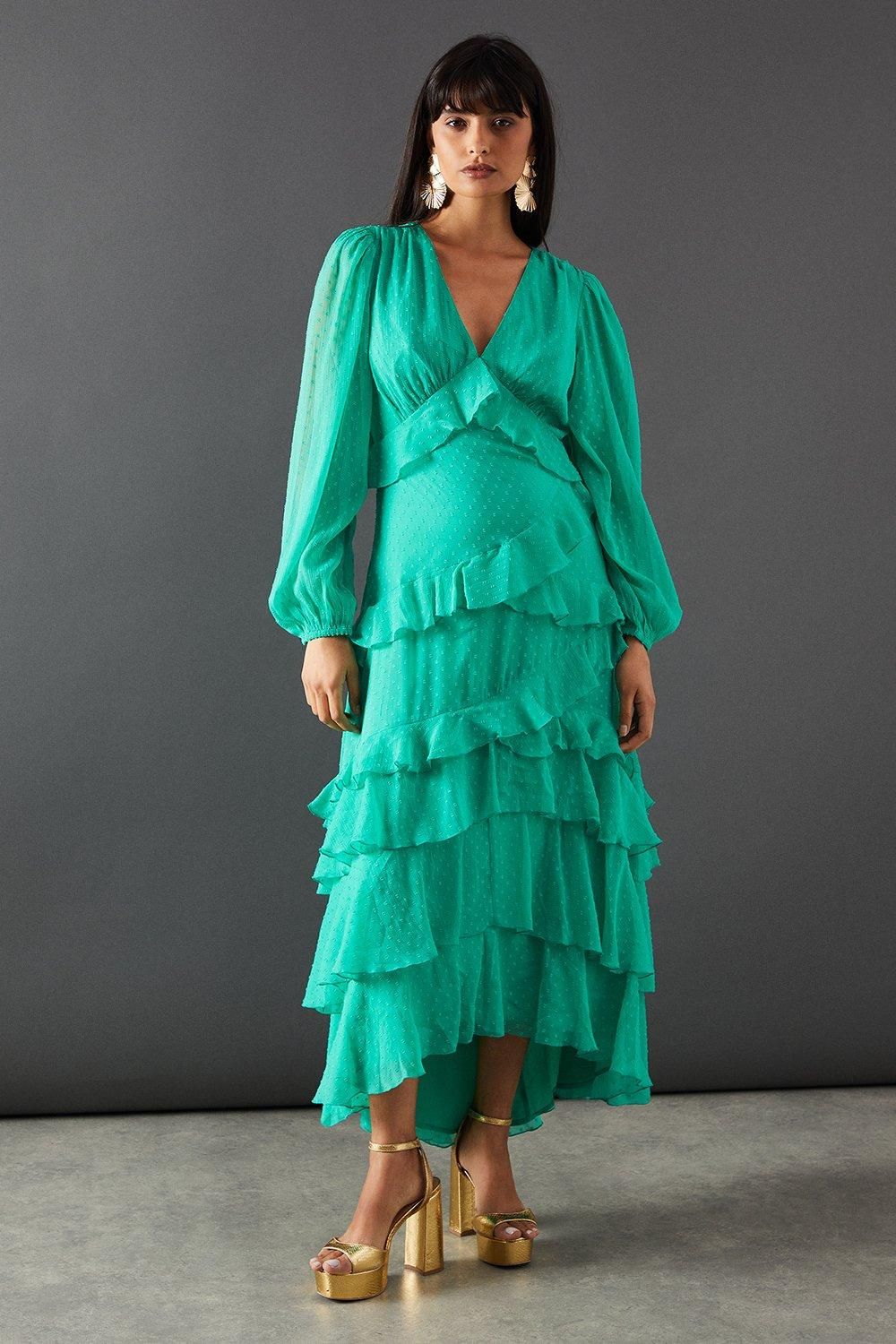 Warehouse Dobby Chiffon Ruffle Midi Dress Green image 1