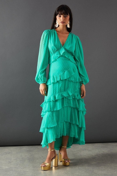 Warehouse Dobby Chiffon Ruffle Midi Dress Green