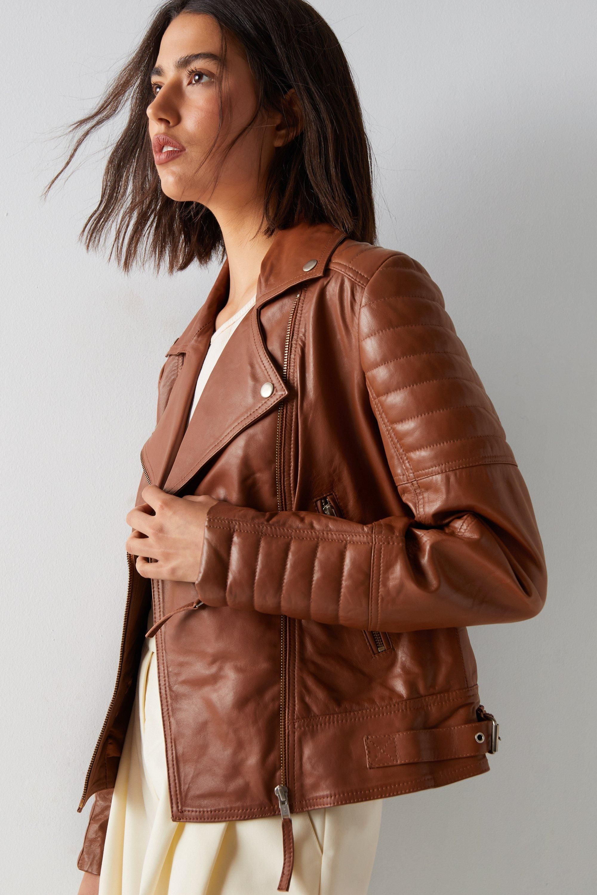 Warehouse Essentials Real Leather Quilted Biker Jacket Tan image 3