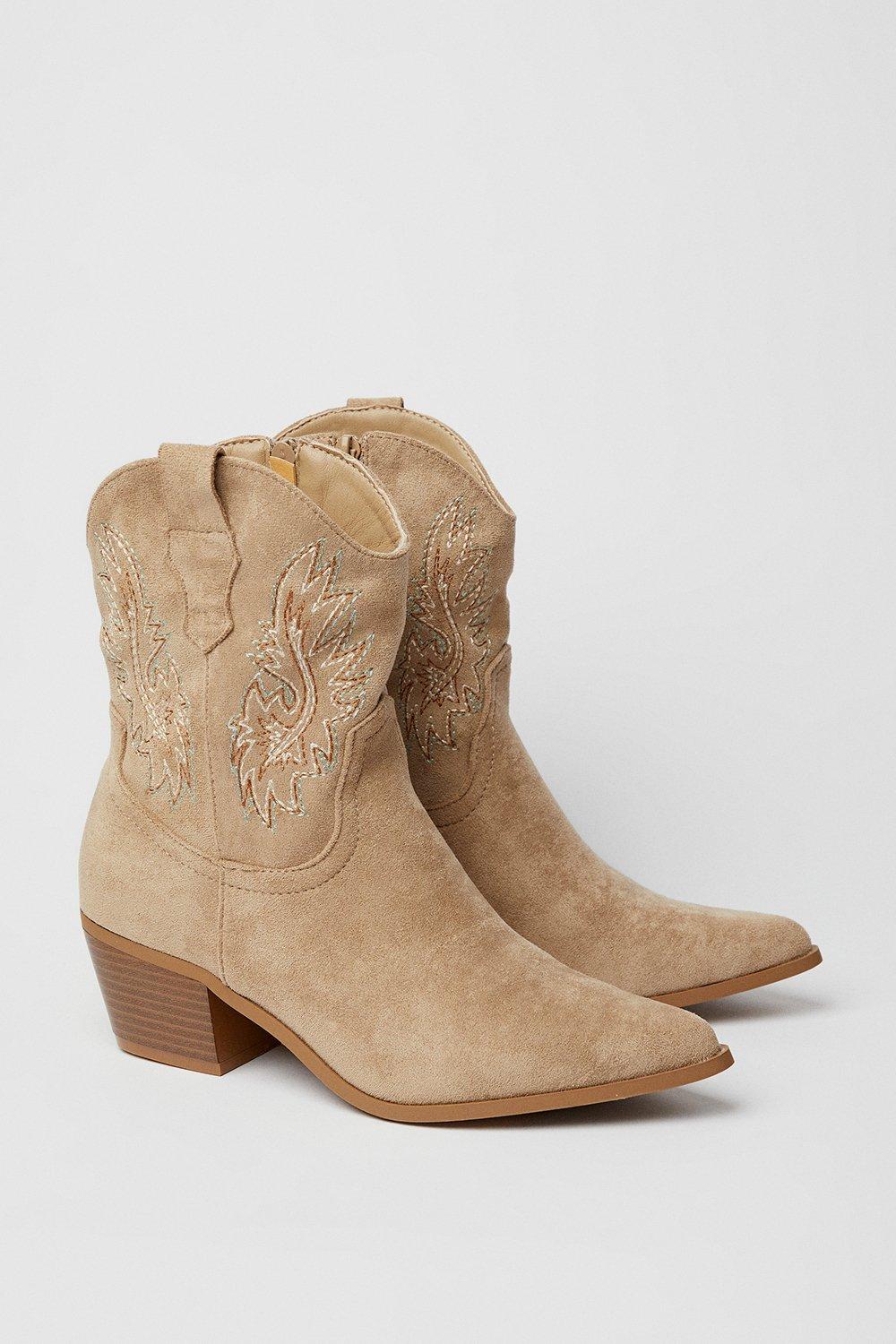 Oasis June Embroidered Western Cowboy Ankle Boots Beige image 3