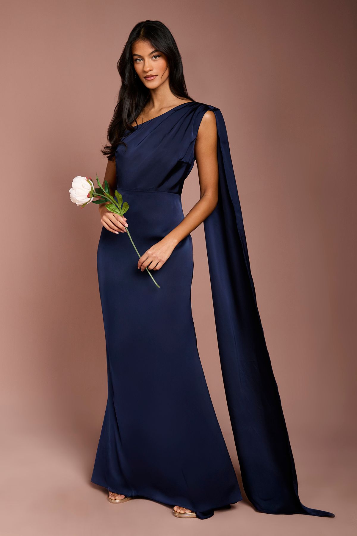 Coast Coast Honoured Petite Drape One Shoulder Satin Maxi Bridesmaid Dress Navy