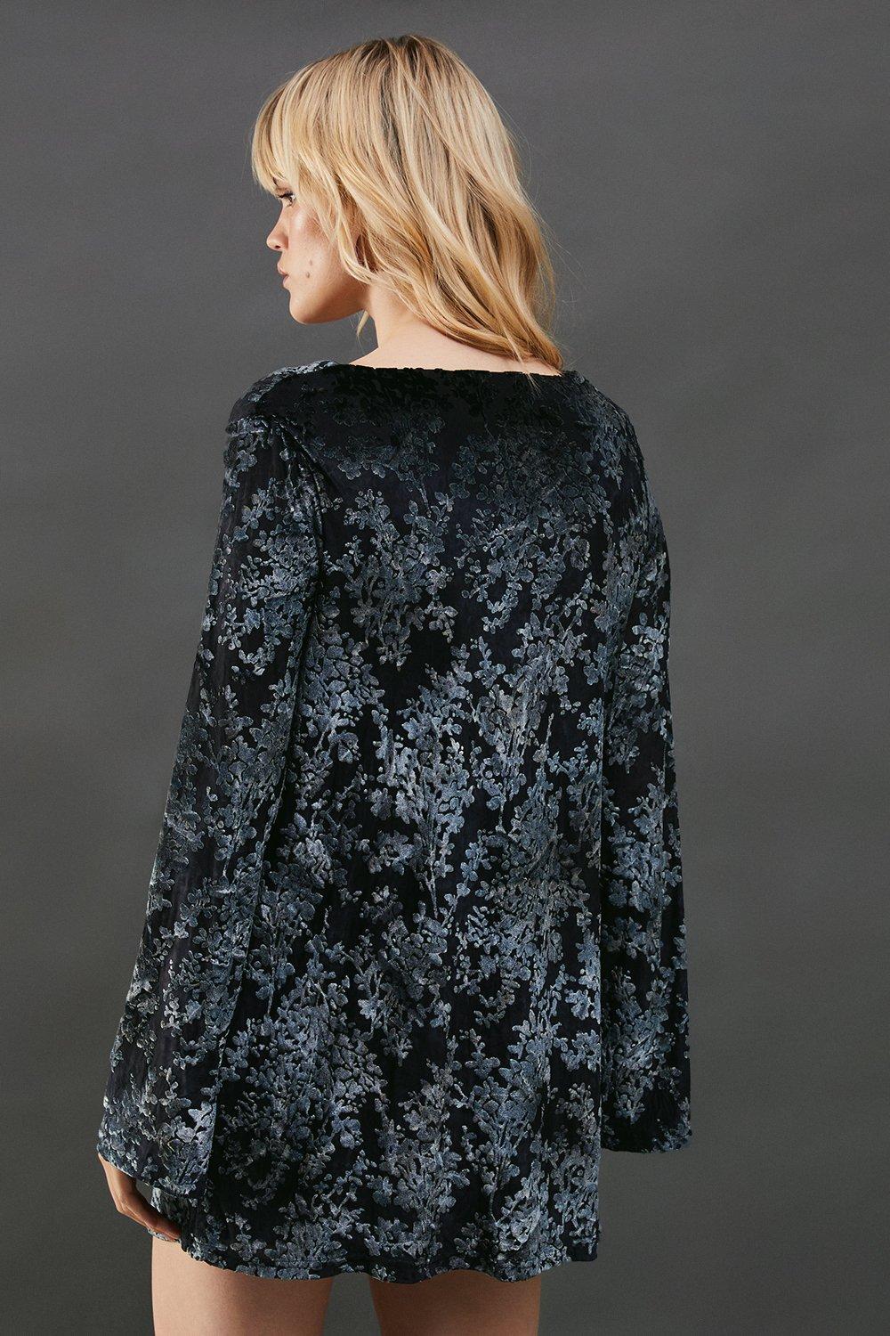Warehouse Mesh Velvet Burnout Cowl Neck Mini Dress Navy image 3