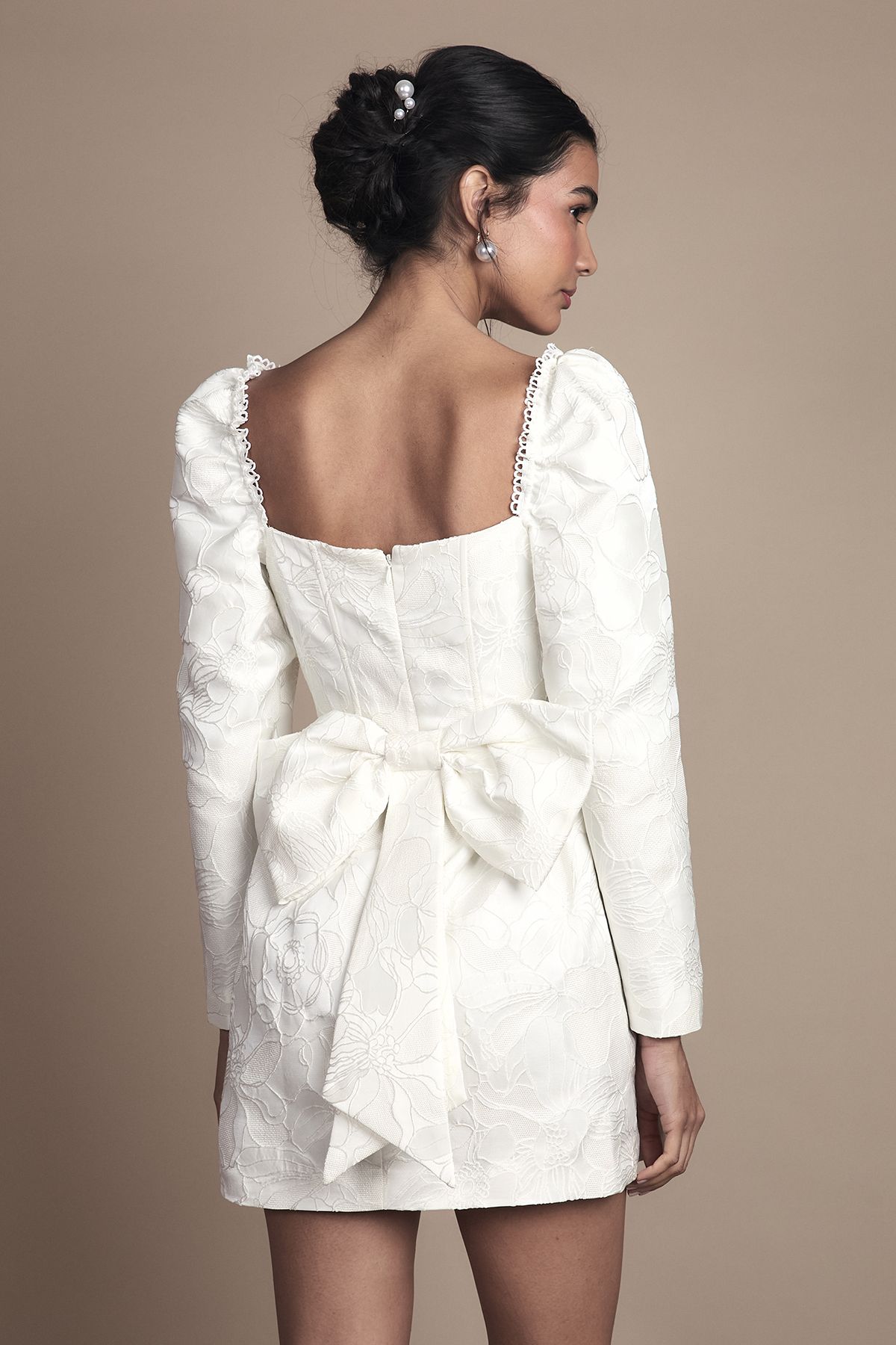 Coast Long Sleeve Square Neck Jaquard Mini Wedding Dress with Bow Detail White image 3