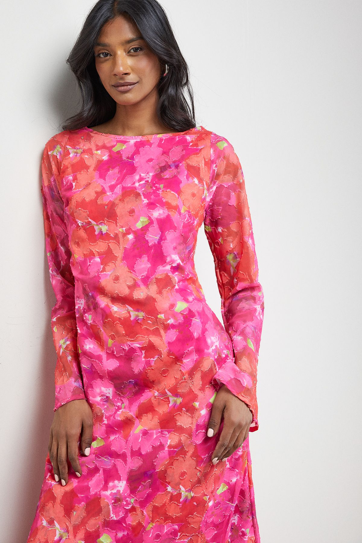 Warehouse Burnout Floral Chiffon Slash Neck Bias Midi Dress Pink image 2